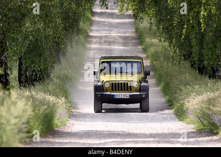 Jeep Wrangler Unlimited 2.8 CRD, l'année de modèle 2007-, vert-métallique, la conduite, la vue frontale, country road Banque D'Images