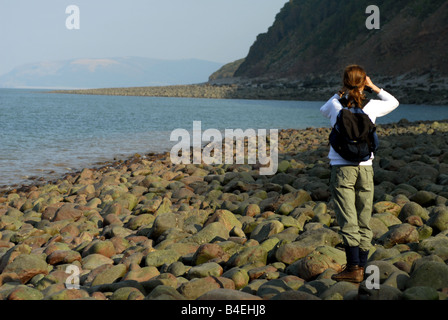 Un walker donne sur le canal de Bristol à partir de Glenthorne plage près de Countygate dans le Parc National d'Exmoor Banque D'Images