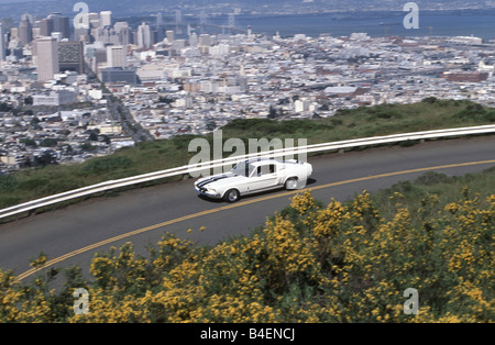 Voiture, Ford Mustang Shelby GT, l'année de modèle 1967, berline, coupé, blanc-bleu, voiture d'époque, années 60, années 60, été, paysage, paysage, Banque D'Images