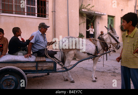 L'homme et les enfants équitation sur charrette à âne, Palestine Banque D'Images