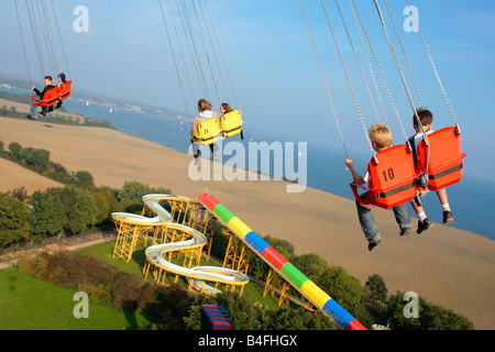 Vue panoramique depuis le chairoplane à Hansapark, un parc d'amusement à la côte de la mer Baltique allemande Banque D'Images