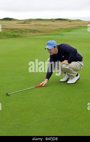 Golfeur professionnel alignement d'un putt sur le green (partie d'une série) Banque D'Images