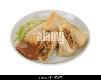 Délicieux croustillant de canard frais chinois rouleaux prêt à manger isolé sur un fond blanc avec aucun peuple et un chemin de détourage Banque D'Images