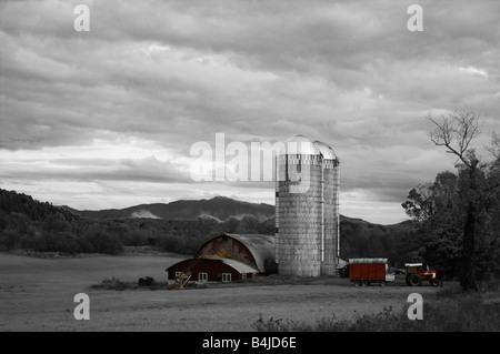 Vermont ferme laitière en noir et blanc partiel avec la brume et le vert des montagnes en arrière-plan Banque D'Images