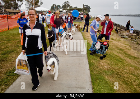 Les propriétaires de chiens se rassemblent pour un week-end Wag un thon dans la région de Dana Point CA Remarque les panneaux pour les organismes de la pet Banque D'Images