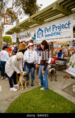 Les propriétaires de chiens se rassemblent pour un week-end Wag un thon dans la région de Dana Point CA Remarque les panneaux pour les organismes de la pet Banque D'Images