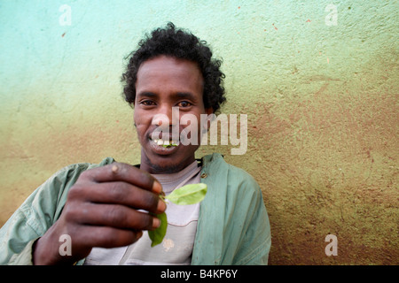 L'homme Chat de mastication, Harar, en Ethiopie Banque D'Images