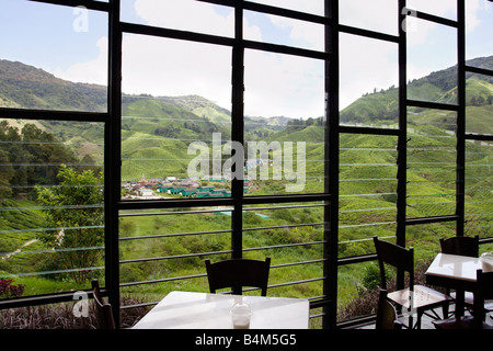 Restaurant avec vue superbe sur une plantation de thé en Cameron Highlands Malaisie Banque D'Images