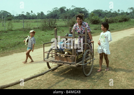 La Bolivie Reyes et les enfants de la femme de la tribu des Indiens Chimanes ( ) avec les crocodiles empaillés pour vendre aux touristes fille a un bras Banque D'Images