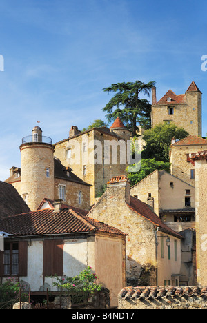 Détail des bâtiments de Puy l'Evêque sur la rivière Lot, Midi Pyrénées, France Banque D'Images