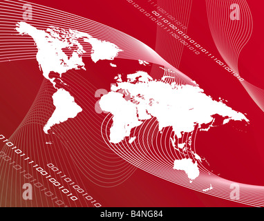 Carte du monde communications voyages montage sur un fond rougeâtre Banque D'Images