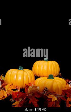 Trois citrouilles automne orange disposés sur un fond noir avec quelques feuilles Banque D'Images