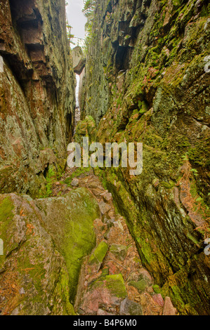 Gros rocher coincé au-dessus d'un gouffre profond le long de l'Agawa Rock Pictogrammes Sentier près des rives du lac Supérieur Banque D'Images