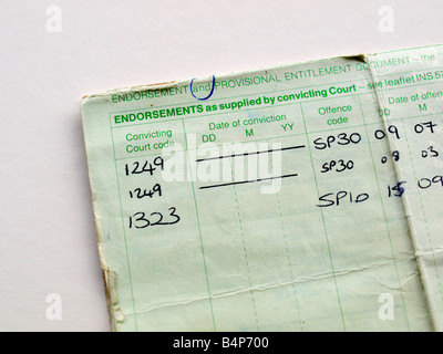 Permis de conduire britannique UK montrant l'approbation de l'excès de vitesse Banque D'Images