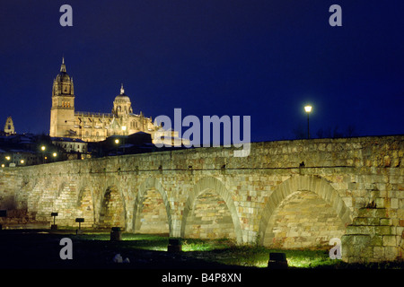 Espagne, Salamanque, pont romain et cathédrale la nuit Banque D'Images