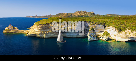 Panoramic of Sailboat in cove at the entrance to La Marine Harbor Bonifacio, Corsica Stock Photo