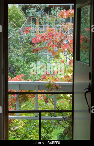 Porte ouverte à l'automne les feuilles changent de couleur Banque D'Images