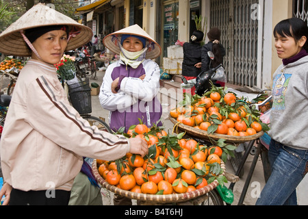 Vendeur portant chapeau en bambou, vendant des fruits de vélo, Vieux quartier, Hanoi Vietnam Banque D'Images