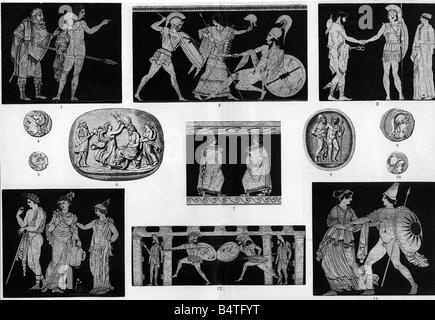 Mode, monde ancien, Grèce, costumes grecs sur vases, cameos et pièces de monnaie, gravure en bois après Friedrich Wilhelm Gerhard, Allemagne, XIXe siècle, vase, caméo, pièce de monnaie, historique, ancien monde, peuple, Banque D'Images
