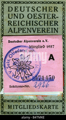 Alpinisme, clubs, Club alpin allemand et autrichien, section 'Oberland', carte des membres, 1957, Banque D'Images