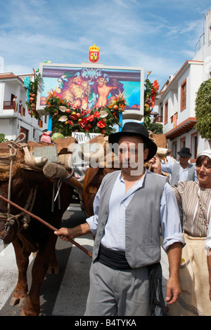 Exploitant agricole espagnol avec taureaux de Fiesta del Pino in Firgas sur Gran Canaria dans les îles Canaries Banque D'Images