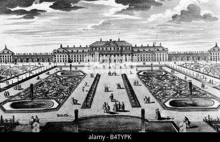 Architecture, châteaux, Allemagne, Bavière, Château de Schleissheim, construit 1684 - 1700 par Enrico Zuccalli, vue extérieure, côté jardin, gravure sur cuivre, au début du 18ème siècle, château, parc, Baroque, fontaine, promenade, cour, Wittelsbach, électeur Maximilien II Emanuel, historique, historique, les gens, l'artiste n'a pas d'auteur pour être effacé Banque D'Images