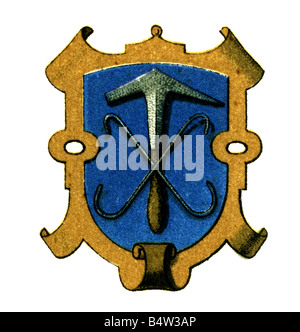heraldry, emblèmes, guildes, emblèmes de guilde, guilde commerciale, tillers, gravure, vers 1880, Banque D'Images