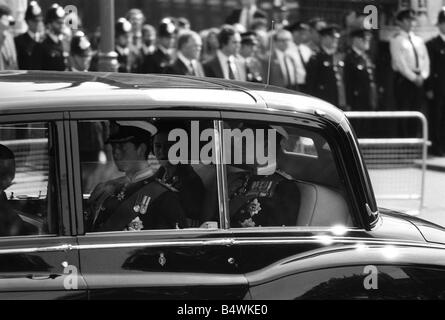 Earl Mountbatten Funeral Septembre 1979 La Reine Elizabeth et le Prince Philip, le Prince Charles arrivent en voiture Banque D'Images