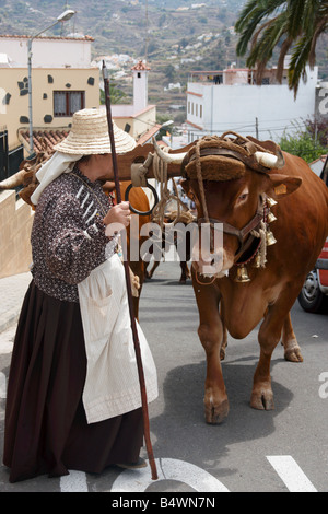 Femme espagnole avec taureaux de Fiesta del Pino in Firgas sur Gran Canaria dans les îles Canaries Banque D'Images