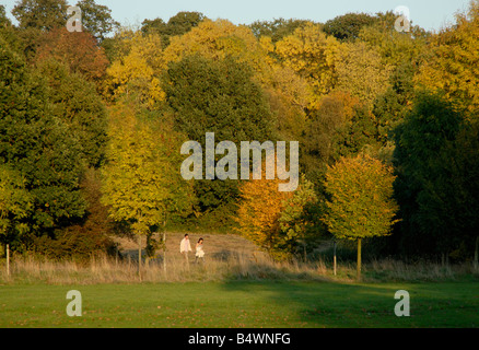 Couple en train de marcher dans un parc entouré de couleurs d'automne, le Nonsuch Park, Cheam, (sud-ouest de Londres), Surrey, Angleterre Banque D'Images