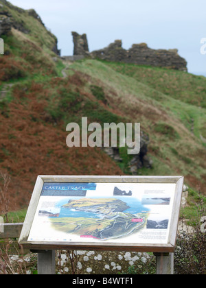 Château suivre panneau indiquant les sentiers autour du château de Tintagel avec partie de la mur de château en arrière-plan Banque D'Images