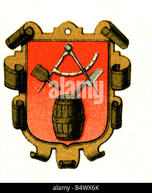 heraldry, emblèmes, guildes, emblèmes de guilde, guilde commerciale, coopères, gravure, vers 1880, Banque D'Images