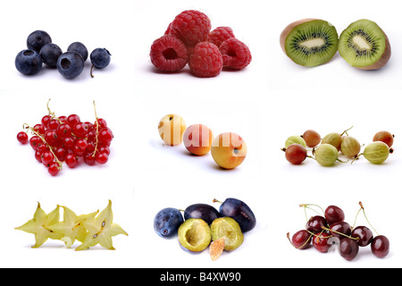 Poster de neuf différents fruits isolated on white Banque D'Images