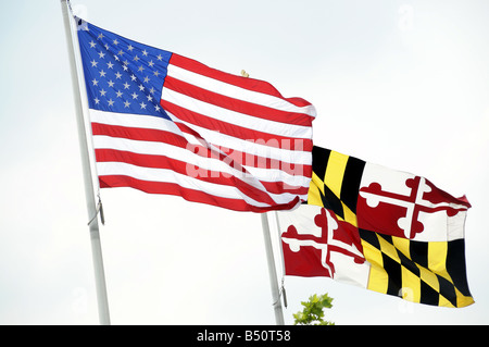 L'American et Maryland State flag flying côte à côte Banque D'Images