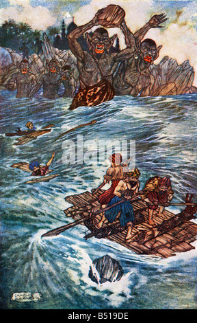 Le troisième voyage de Sinbad le marin illustration par Charles Folkard du livre Les Mille et Une Nuits publié 1917 Banque D'Images