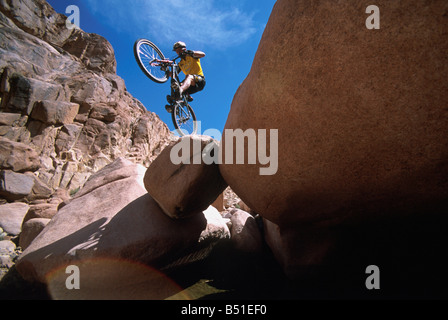 Champion du Monde de vélo de montagne Hans Rey à cheval au bassin d'Elijah, Mt. Sinaï, Égypte Banque D'Images