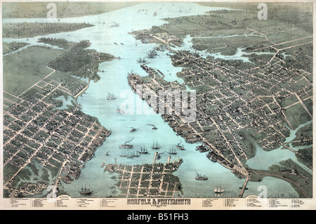 Plan de Norfolk et de Portsmouth 1873 Banque D'Images