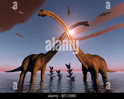 Le Diplodocus dinosaures et ptérosaures volants. Banque D'Images