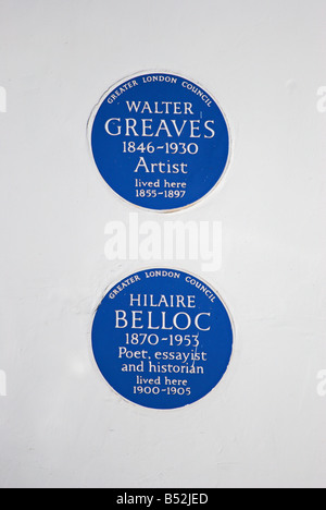 Greater London Council Marquage de plaques bleu ancien domicile de l'artiste walter greaves et écrivain Hilaire Belloc, Londres, Angleterre Banque D'Images