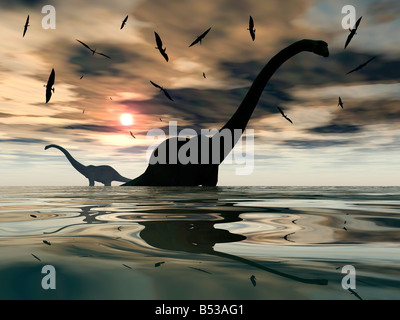 Le Diplodocus dinosaures et ptérosaures volants. Banque D'Images