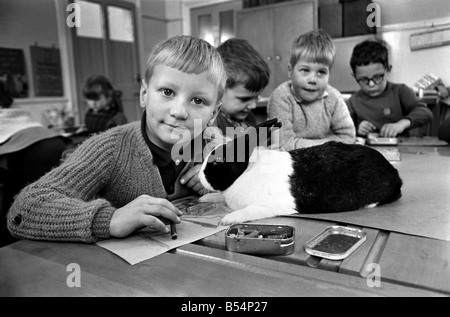 6-year-old John Sweeting (fair-haired boy avec son animal lapin dans la salle de classe à l'Église d'Angleterre Rawmarsh Nourrissons School hier lundi). Décembre 1969 Z11756-003 Banque D'Images