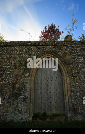 Une porte en bois dans un vieux mur à silex Creake Abbaye, Norfolk, Angleterre. Banque D'Images