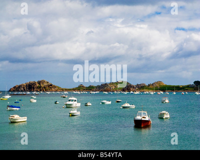 Bretagne, petits voiliers et yachts amarrés dans le port du Diben, Plougasnou, Finistère, France Banque D'Images