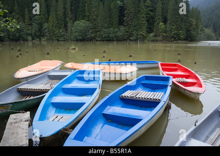 Location de barques colorées amarrées par une jetée sur le Lac 'Red' dans les gorges du Bicaz Hasmas 'National Park' Moldavie Roumanie Banque D'Images