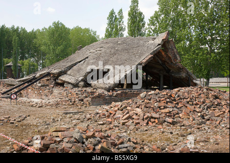 Ruines de l'une des chambre à gaz et d'un crématorium bâtiments dans l'ancien camp de concentration d'Auschwitz II (Birkenau) Banque D'Images