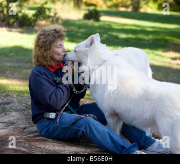 Une femme assise dans un parc de jouer avec ses deux magnifiques huskies blanc. Banque D'Images