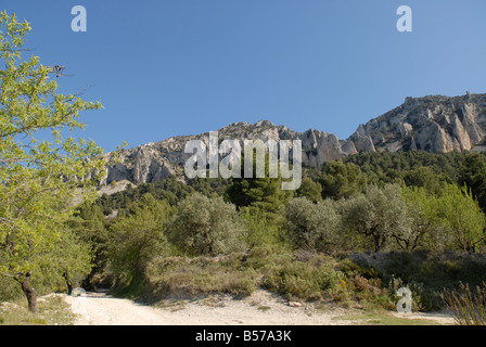 La voie à Vila de Muro rock pinacles, Sierra de Serrella, Comtat, Province d'Alicante, Communauté Valencienne, Espagne Banque D'Images