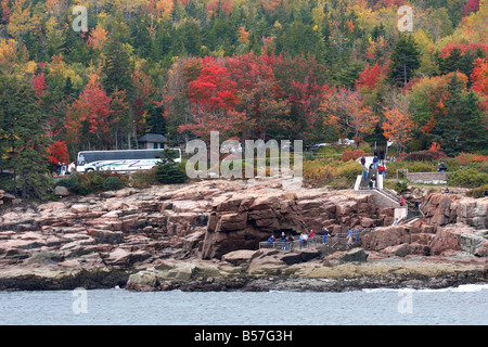 Autocar de touristes s'arrêtant à Thunder Hole dans l'Acadia National Park dans le Maine, USA Banque D'Images