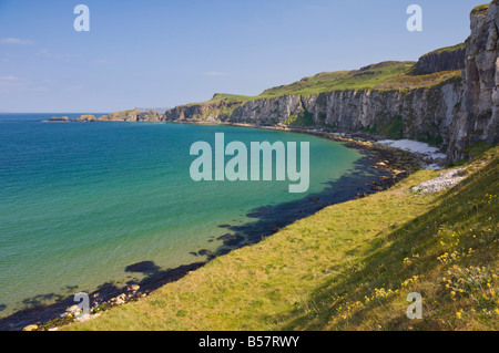 L'île de Carrick dans Larrybane Bay, sur la côte de Causeway Antrim Nord, Comté d'Antrim, l'Ulster (Irlande du Nord) Banque D'Images