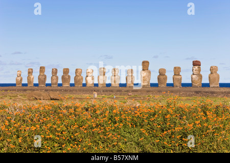 Ahu Tongariki, le plus grand de l'île, l'ahu Tongariki est une rangée de 15 statues Moai de pierre géant, Rapa Nui, Chili Banque D'Images